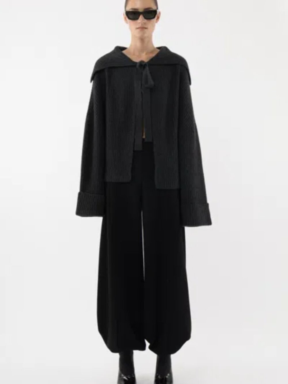 ARAKII Cascade Collar Knit In Gray Ribbed Tie Front Sailor Collar Oversized